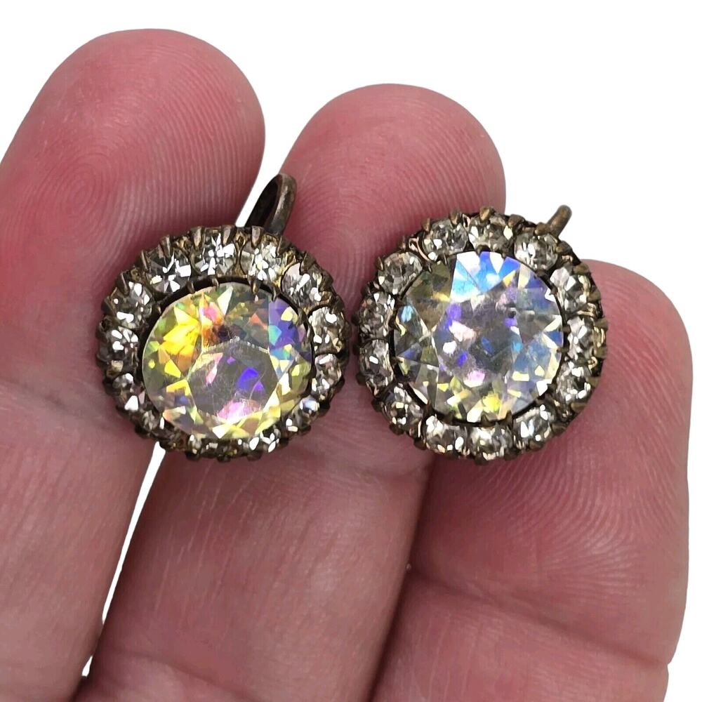 40s AB Aurora Borealis Rhinestone Screw Back Earrings Vintage Estate Jewelry